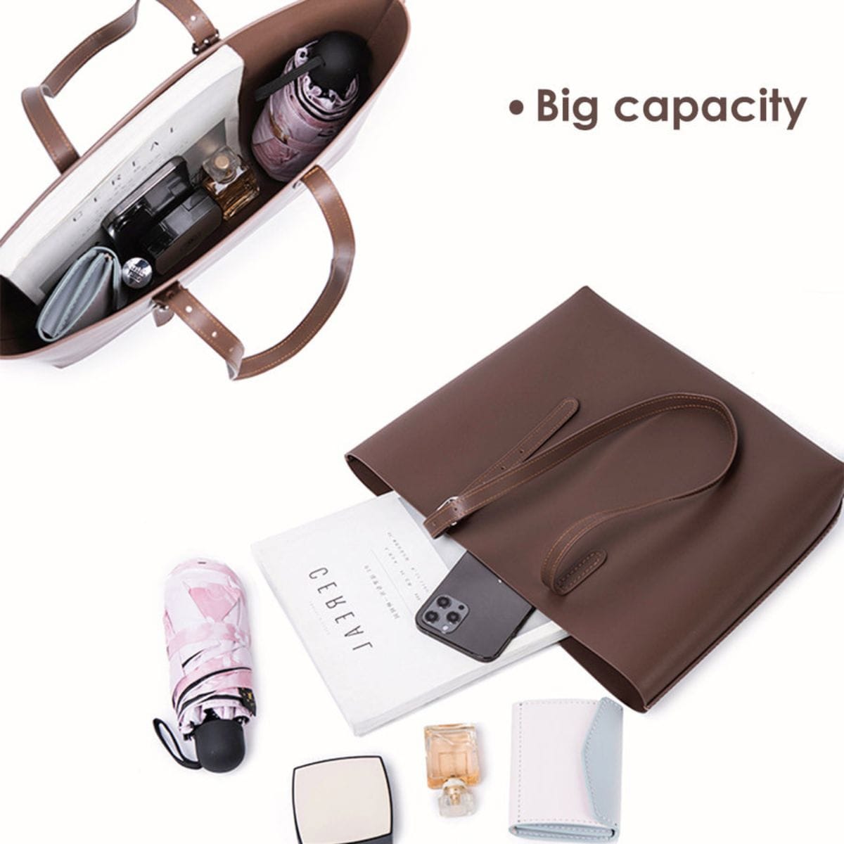 Zaraah Tote Bag Brown interior view showing spacious compartment for daily essentials